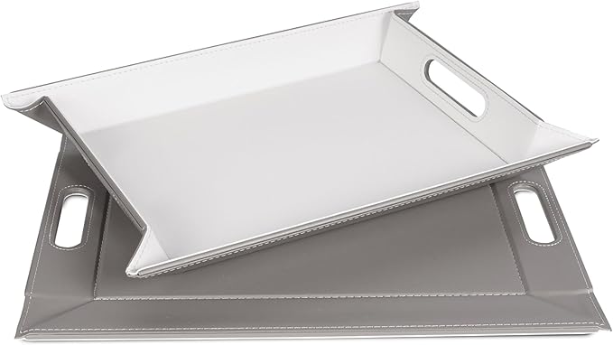 PLACEsMAT 2-in-1 Faux Leather Placemat & Serving Tray | Reversible Design, Lays Flat & Easy to Clean | Ottoman Food Tray, Perfect Housewarming Gift, 18” x 14” (Grey & White, Single)