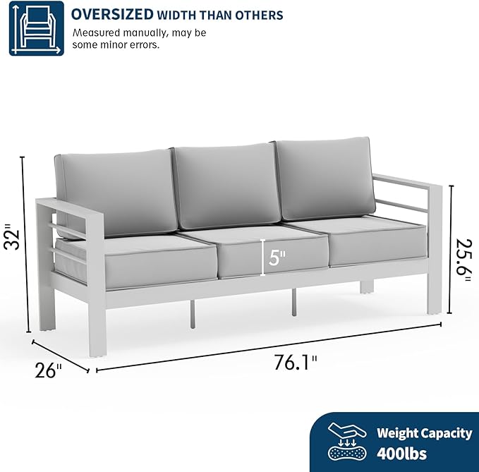 UDPATIO 3-Seat Patio Sofa Outdoor Aluminum Patio Furniture with 5" Thick Cushion and Waterproof Cover