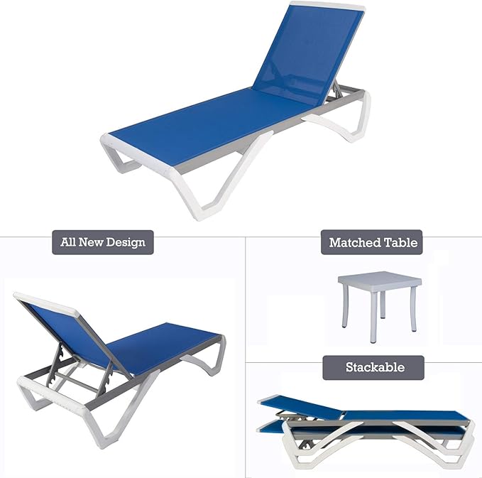 Kozyard Patio Chaise Lounge Chair - Full Flat Alumium & Resin Legs, Outdoor Reclining Adjustable Chair for Sunbathing, Beach, Patio, Lounge Set and Table (Blue Textilence W/Table)