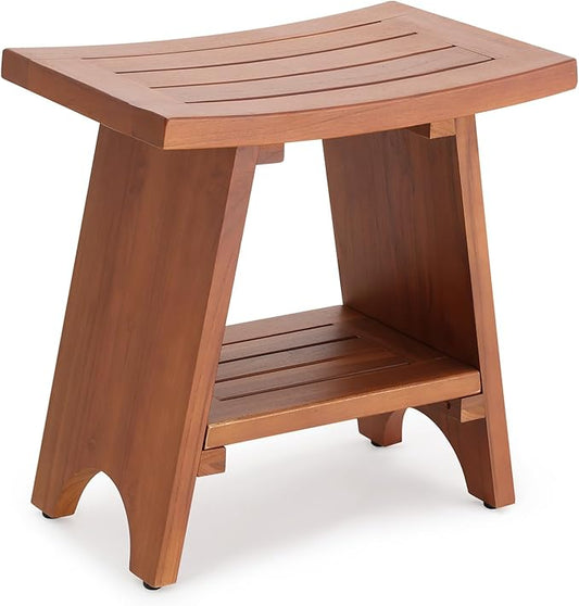 EROMMY 18" Teak Shower Bench with Storage Shelf, Solid Teak Wood Shower Seat, Waterproof Shower Stool for Shaving Legs, Heavy Duty Shower Chair for Inside Shower Bathroom Indoor Outdoor Patio Pool
