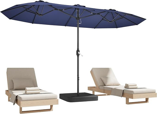 15ft Patio Umbrella with Base,Large Outdoor Double-Sided Rectangle Umbrella with Crank Handle, Market Umbrella for Poolside Garden Deck Backyard Beach Pools, Blue