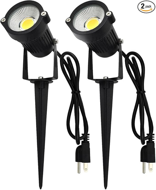 GSS6005 LED Landscape Spotlights Outdoor Plug in Light 5W, 120V AC, 3000K Warm, Metal Construction with Ground Stake, Outdoor and Indoor Use, 3-ft Cord with Plug, Black (Pack of 2)