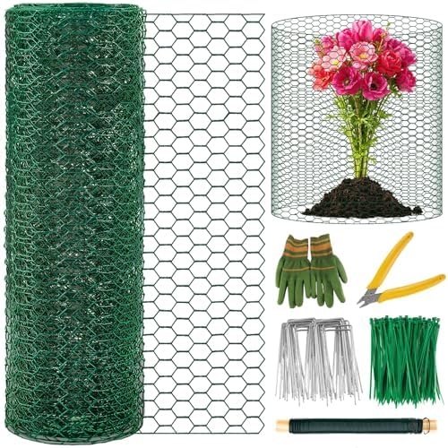 Plant Protectors from Animals, 16.4 x 16In Green PVC Coated Galvanized Chicken Wire Mesh Roll, 0.8mm Free-Cut Plant Cage with Ties, Stakes, Gloves, Pliers & Floral Wire (33Ft*20In)