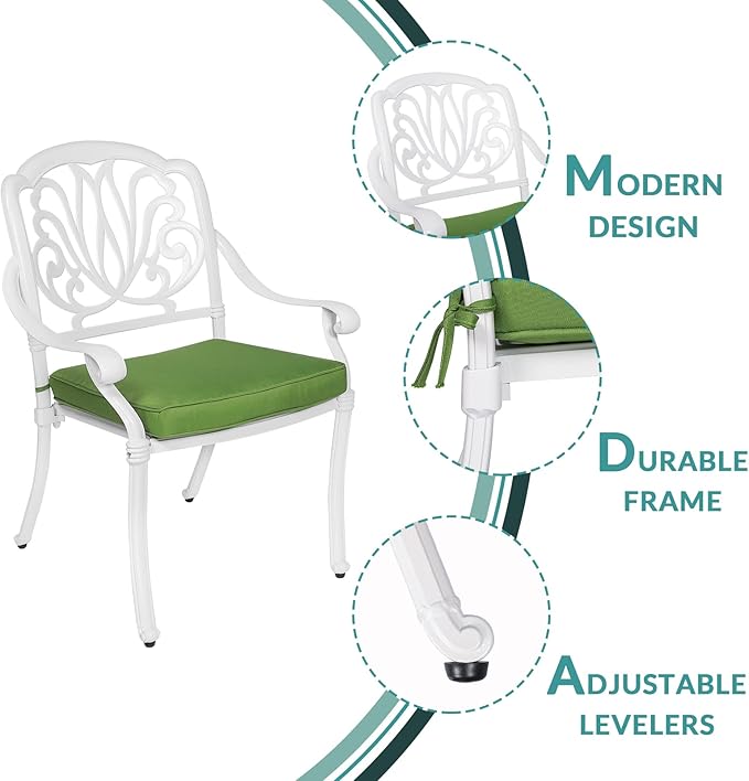 MEETWARM 3 Piece Patio Bistro Set, Outdoor All-Weather Cast Aluminum Dining Furniture Set Includes 2 Cushioned Chairs and a 35.4” Round Table with Umbrella Hole for Garden Deck, White