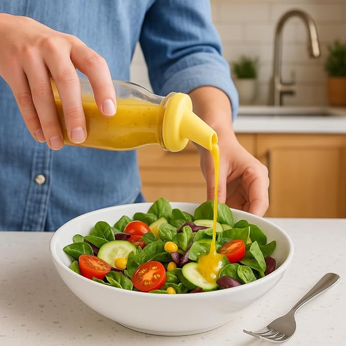 kitchentoolz Salad Dressing Shaker Bottle – 12oz Glass Bottle with Silicone Pour Spout and Tamper-Proof Lid for Sauces and Marinades - Pack of 4