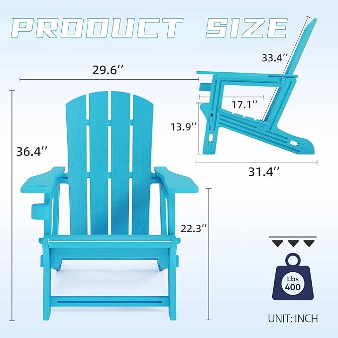 Adirondack Chair Set of 2, All Weather Plastic Adirondack Chairs, Fire Pit Chairs with Cup Holder, Outdoor Wooden Textured Lawn Chair for Patio, Garden, Backyard, Sky Blue