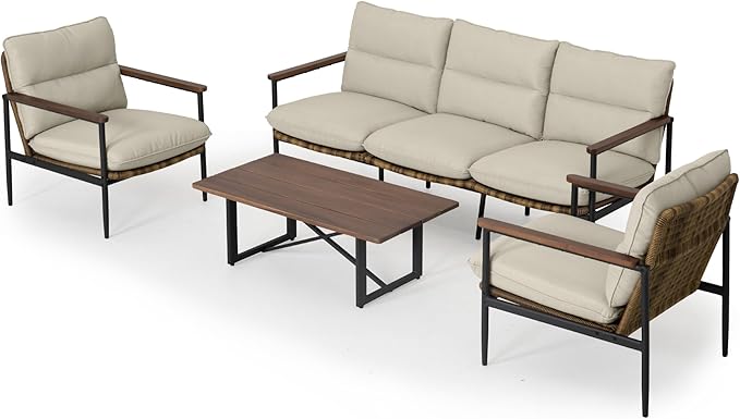 4-Piece Patio Furniture Sets, All Weather Rattan Patio Conversation Set with Aluminum Frame, 3-Seat Sofa, 2 Chairs and Coffee Table, Smooth Wooden Armrest & Olefin Cushion for Yard Deck Porch