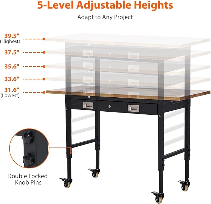 60x22 Inch with Drawer&Backplate，Work Table with 2000LBS Capacity, Mobile Workbench with Adjustable Height Rubber Wood Top, 27.8''-39.5''Height, Locking Wheels & Power Outlets for Workshop Warehouse