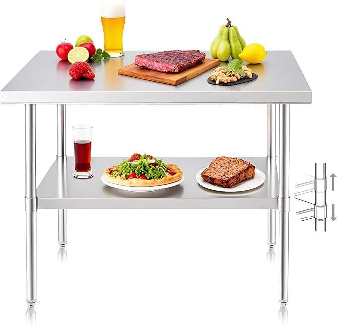 NUUK Stainless Steel Grill Work Table 24" x 36" Heavy Duty Commercial Workstation Adjustable Height Kitchen Food Prep Worktable for Restaurant, Home and Hotel