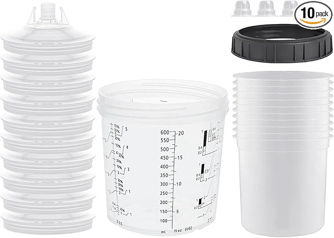 Disposable Paint Sprayer Mixing Cup for Automotive Paint Gun,Compatible with Original 1.0 System(not 2.0)-10pcs 20 Ounce Kit-10 Cup Liners,10 Lids with Strainer,1 Hard Cup with Retainer Ring,4 Plugs