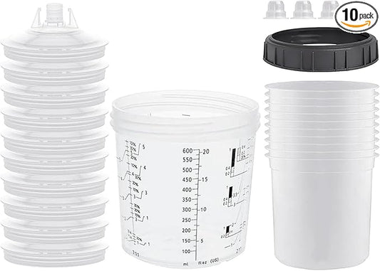 Disposable Paint Sprayer Mixing Cup for Automotive Paint Gun,Compatible with Original 1.0 System(not 2.0)-10pcs 20 Ounce Kit-10 Cup Liners,10 Lids with Strainer,1 Hard Cup with Retainer Ring,4 Plugs