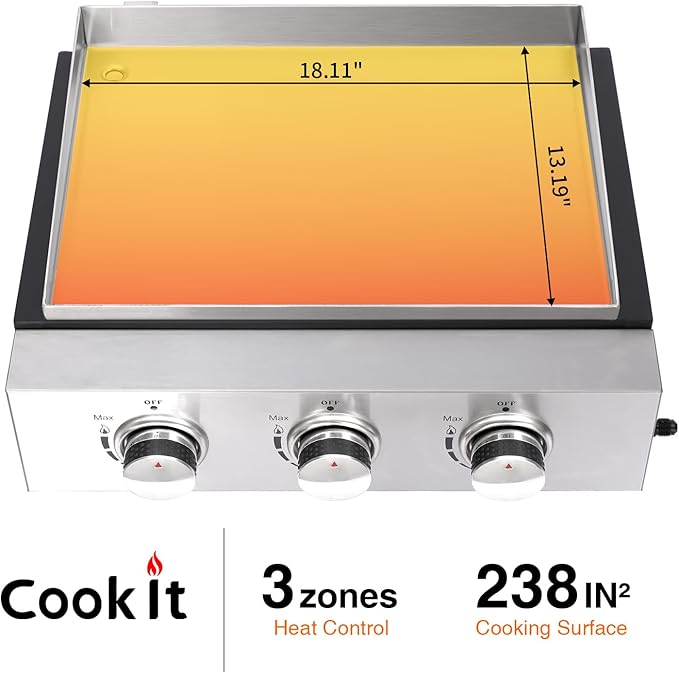Portable Tabletop Gas Griddle Grill with Stainless Steel Griddle, Includes Dust Cover & Regulator, Perfect for Camping & Tailgating (3-Burner)