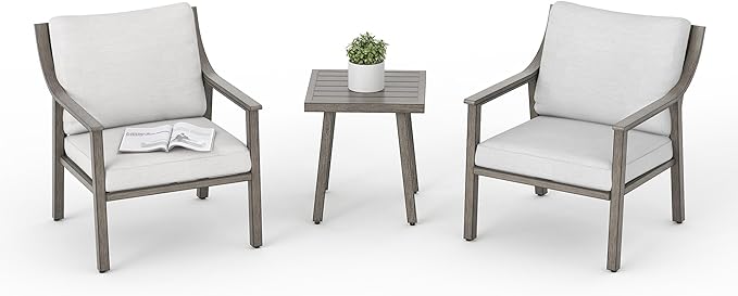 3-Piece Patio Conversation Bistro Sets, Outdoor Aluminum Bistro Sets with Thick Cushion, Modern Side Table and Chairs Set of 2, Rustproof and Waterproof for Porch Deck Garden, Grey