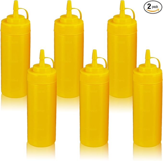 Squeeze Bottles for Sauces,Leak-Proof Condiment Dispenser, BPA-Free Kitchen Restaurant Squeeze Bottle Set with Wide Mouth for Ketchup, Mustard,Syrup,Dressings (Yellow, 6Pack-12oz(300ml))