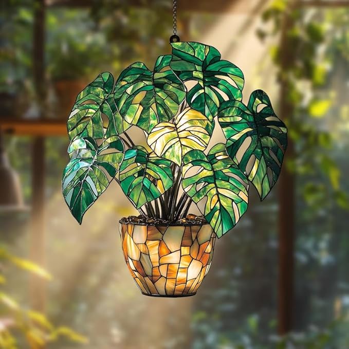 Monstera Christmas Ornament Boho Suncatcher Window Hanging Acrylic Stained Glass Effect Art Garden Decor Unique Botanical Gift for Mom Women Grandma Plant Lover Thanksgiving