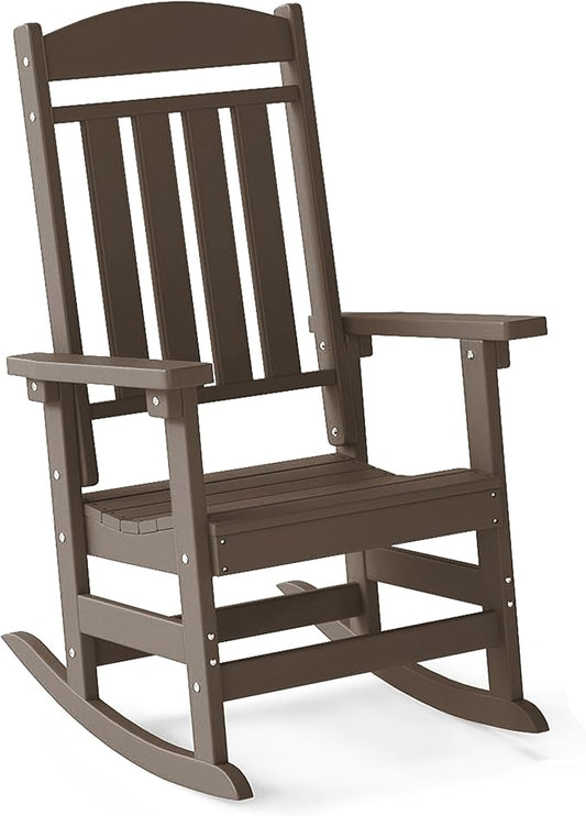 FOOWIN Outdoor Rocking Chair, High Back Patio Rocking Chair, HDPE All Weather Resistant Porch Rocker for Adult, Oversized Rocking Chairs for Garden, Lawn, Indoor & Outdoor Use, Coffee