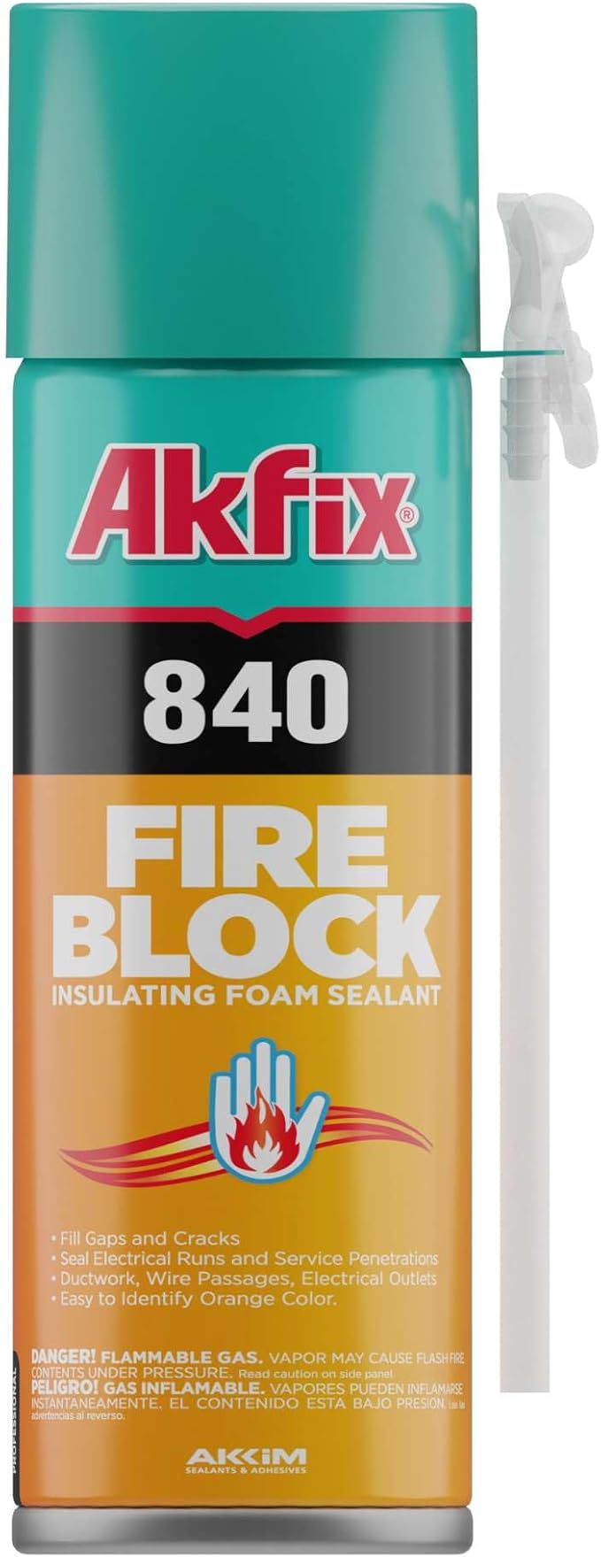 Akfix 840 Fire Block Spray Foam (1x12 Oz.)- Orange Color Fire Retardant Polyurethane Expanding Foam for Gap Filling, Insulation and Sealing on Window and Door, Fire Rated, Paintable | 12 Oz. 1 Pack