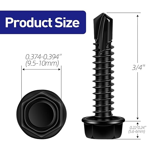#14 x 3/4" Hex Washer Head Self Tapping Screws, TEK Screws, Self Drilling, Stainless Steel 410 Sheet Metal Screws, Black Finish, 50 PCS