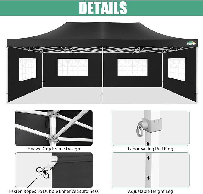 COBIZI 13x26 Heavy Duty Pop Up Canopy with 6 Sidewalls Party Tent Outdoor Wedding Large Event Tent with Roller Bag for Garden Lawn Waterproof UPF 50+ Ez Up, Black (Framework Upgraded)