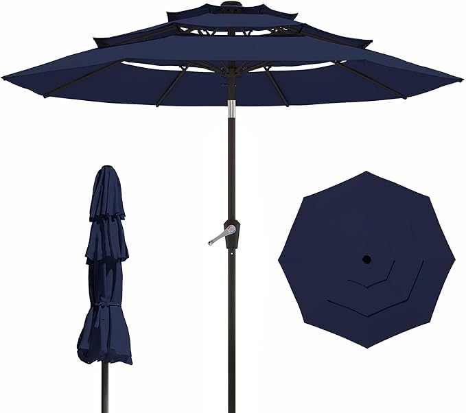 9FT 3 Tiers Patio Umbrella With Auto Tilt And Crank, Outdoor Table Market Umbrella with 8 Sturdy Ribs for Garden, Lawn, Deck, Backyard and Pool, Navy