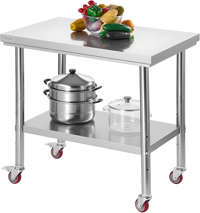 VEVOR Stainless Steel Table, 24 x 35.4 Inches Food Prep Worktable with Wheels, Kitchen Prep Table with Adjustable Undershelf Workstations for Commercial Kitchen, Restaurant, Hotel and Garage, Outdoor
