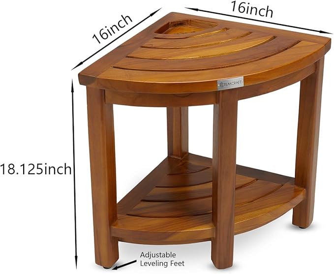 TeakCraft Teak Corner Bench with Shelf and Basket, Fully Assembled, 16 Inch, The Loki