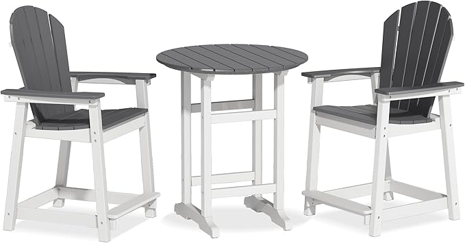 OTSUN 24inch Tall Adirondack Chairs Set of 3, Patio Bar Stool Chairs with one Table, 400lbs, Widened Arms, All-Weather Balcony Chair for Backyard, Garden (White&Grey, 3 Sets)
