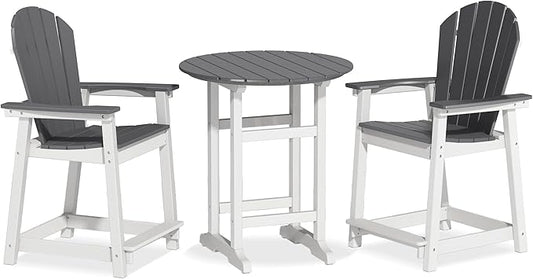 OTSUN 24inch Tall Adirondack Chairs Set of 3, Patio Bar Stool Chairs with one Table, 400lbs, Widened Arms, All-Weather Balcony Chair for Backyard, Garden (White&Grey, 3 Sets)