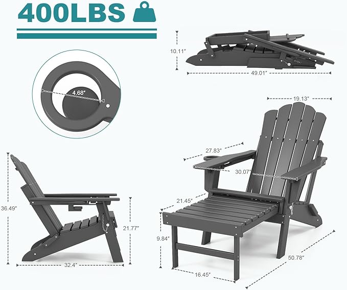 FOOWIN Adjustable Adirondack Chair with Retractable Ottoman Set of 4, Folding Adirondack Chair with Cup Holder, HDPE All-Weather Fire Pit Chair for Patio, Yard, Poolside, Grey