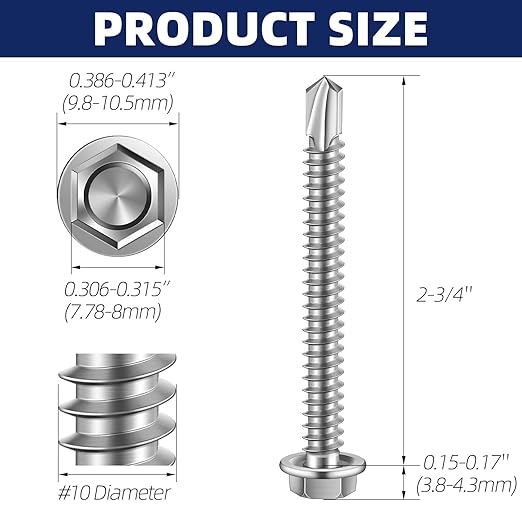MewuDecor #10 x 2-3/4" (1/4" to 3" Available) Hex Washer Head Self Drilling Sheet Metal Screws with Drill Point, Stainless Steel 410, 50 PCS