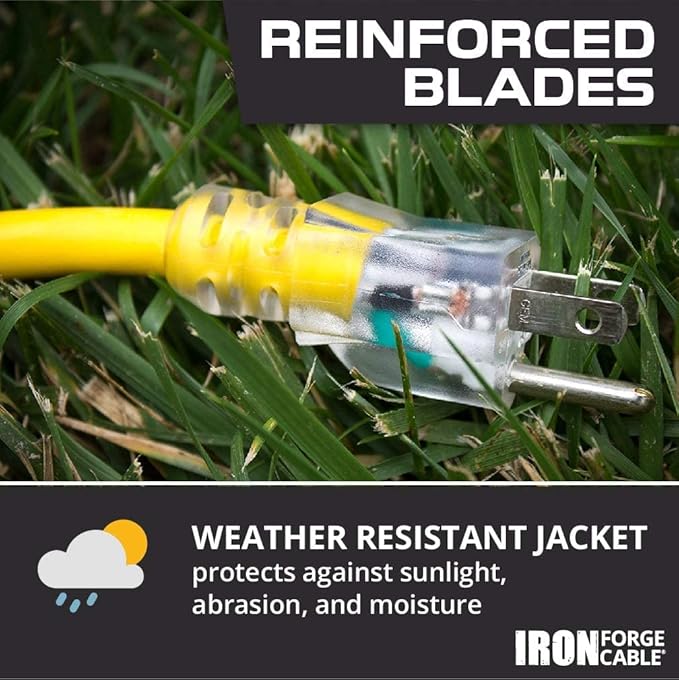 Iron Forge Cable Weatherproof 10 Ft Outdoor Extension Cord - 14/3 SJTW 15 Amp Heavy Duty Yellow Extension Cord 3 Prong - Lighted End