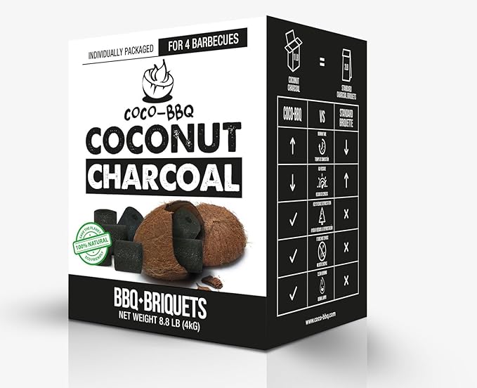 Coconut Charcoal BBQ Briquettes | Organic, Long-Burn, High Heat, Low Ash, No Sparks | Perfect for Christmas & Winter Grilling, Cookouts, Smokers & Roasting | Even Burn & Mild Flavor - 1PACK