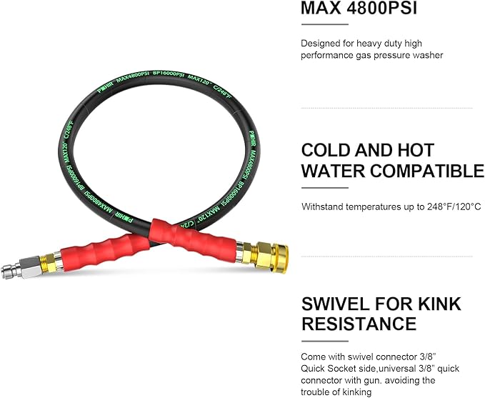 POHIR 3FT Pressure Washer Jumper Hose, 4800 PSI Pressure Washer Whip Hoses 3/8'' ID, Reel Connector with Removable Quick Connect