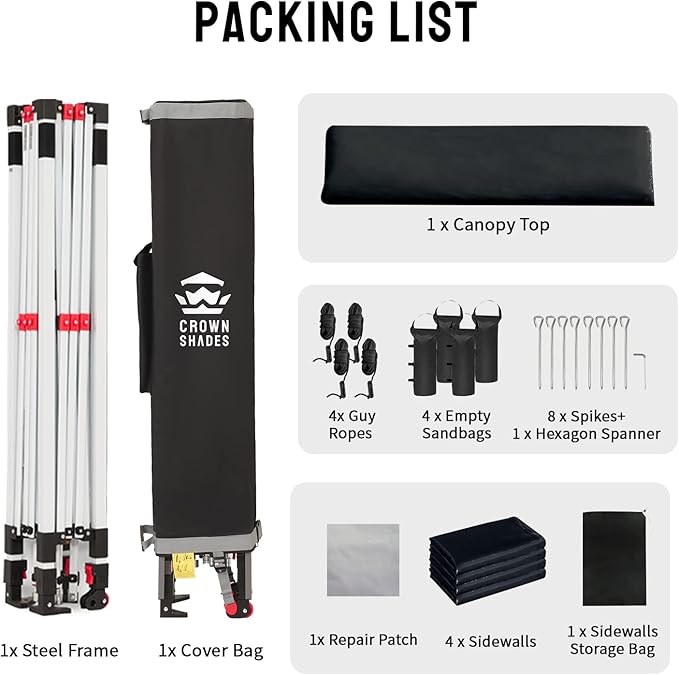 CROWN SHADES 10X10 Comercial Instant Canopy Pop Up Tent with Center Lock (10x10 with 4 Sidewalls, Black)