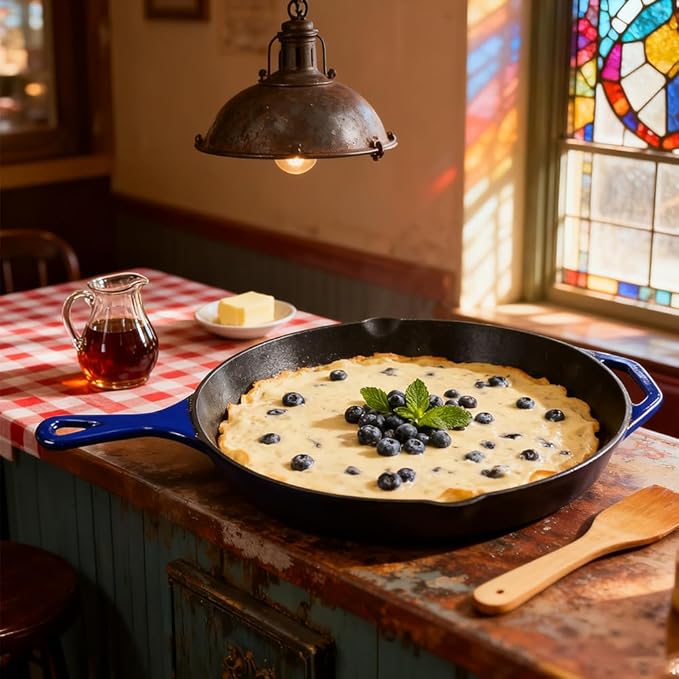 Commercial Grade, Cast Iron Enameled Cookware (Blue, Skillet 10“)