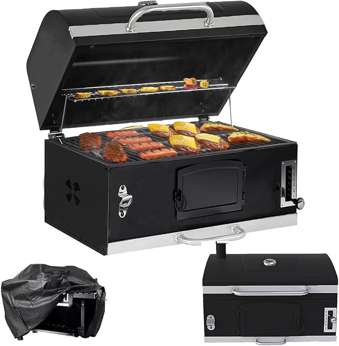 Built-in Barbecue Grills, Large Charcoal BBQ Grills with Liftable Tray, Insulated Hood & Temp Gauge, Black Stainless Steel Charcoal BBQ Barrel Grill for Outdoor Kitchen Camping Park Style