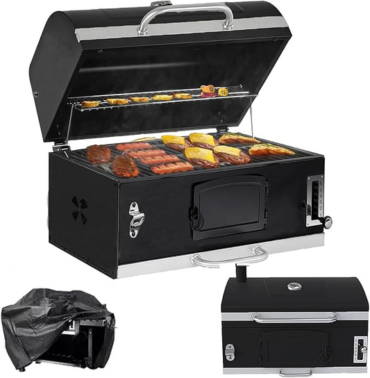 Built-in Barbecue Grills, Large Charcoal BBQ Grills with Liftable Tray, Insulated Hood & Temp Gauge, Black Stainless Steel Charcoal BBQ Barrel Grill for Outdoor Kitchen Camping Park Style