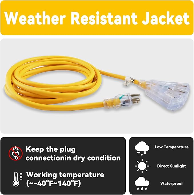 EP 40 Ft 12 Gauge Heavy Duty Extension Cord, 15A 125V 1875W, 3 Outlet Indoor/Outdoor Power Cord with Lighted End, 12/3 SJTW Weatherproof Yellow, UL Listed
