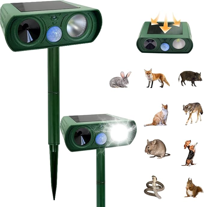 Outdoor Ultrasonic Animal Repellent – Solar Powered, Waterproof, Motion Sensor, Eco-Friendly, Deer, Dog, Cat, Raccoon, Squirrel, Skunk, Coyote, Fox, Rabbit, Geese, Ultrasonic Repeller 2pk