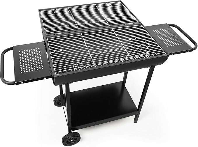 Double Charcoal Barrel Grill with Two Side Shelf, Large Stainless Steel Grill For Backyard Camping Picnic and Party