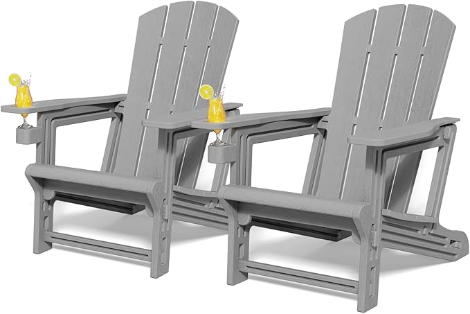 FONTOI Adirondack Chair, Plastic Outdoor Patio Adirondack Chairs with Cup Holder, 400 LBS Capacity Recliner Chair Garden Chair for Backyard Lawn Beach Set of 2 Grey