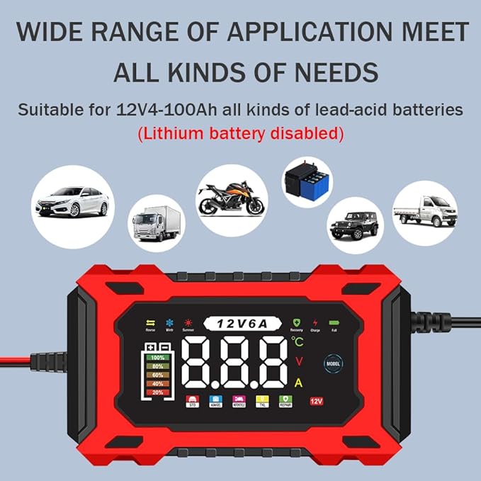 12V 6A Smart Battery Charger - Automotive Car/Motorcycle 12V Lead-Acid Battery Charger with LCD, Pulse Repair & Overcharge Protection