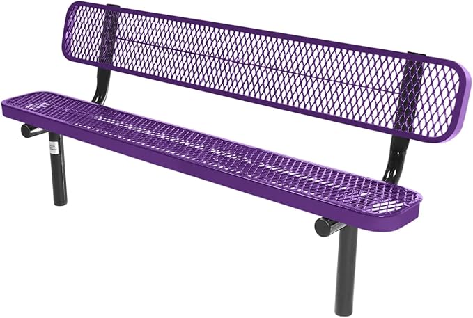 COATEDOUTDOORFURNITURE Coated Outdoor Furniture Heavy-Duty Outdoor Bench Thermoplastic Coated, Expanded Metal, Commercial-Grade Seating, Made in America (Inground with Back, 6 Ft, Purple)