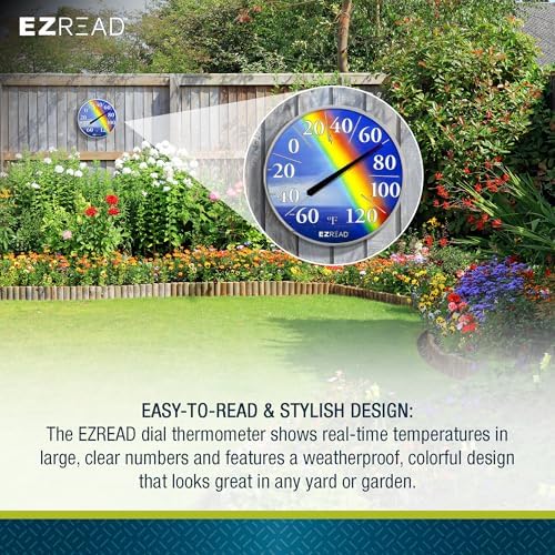 EZREAD Hanging Dial Thermometer 840-1220 Weather Thermometers for Indoor and Outdoor Use, Large 12.5 Inch Diameter, Easy to Read Numbers, Rainbow, Blue/Red/Yellow
