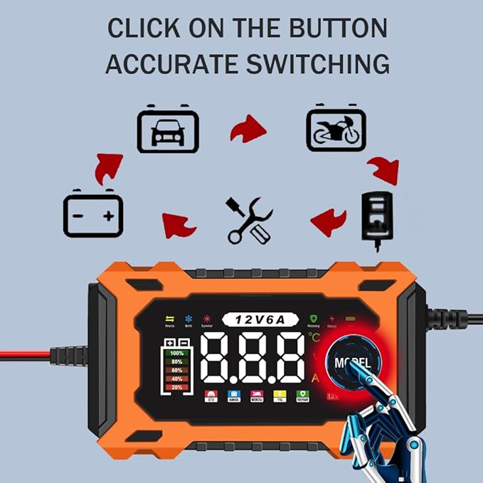 12V 6A Smart Battery Charger - Automotive Car/Motorcycle 12V Lead-Acid Battery Charger with LCD, Pulse Repair & Overcharge Protection (Orange)