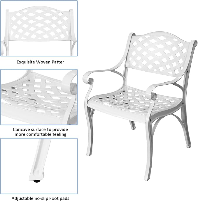 2 Piece Patio Chairs Cast Aluminum Outdoor Dining Chair with Armrests, Metal 2 Piece Patio Bistro Chair with Adjustable Feet, Wrought Iron Bistro Patio Dining Chair for Garden,Set of 2 White