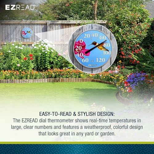Headwind Consumer Products EZREAD Hanging Dial Thermometer - Weather Thermometers for Indoor and Outdoor Use, Large 12.5 Inch Diameter, Easy-to-Read Numbers, Hummingbird