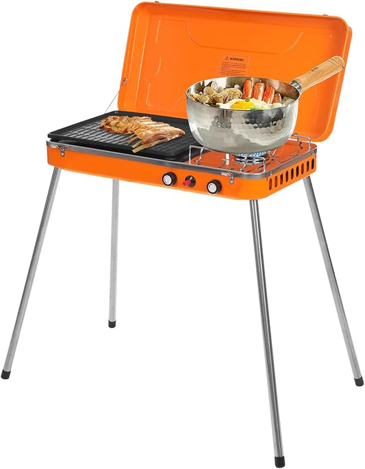 Portable Gas Grill Cooker,2-in-1 Gas Camping Stove with Detachable Legs,11,720 BTU Outdoor Grill Stove for Barbecues,Parties,Camping