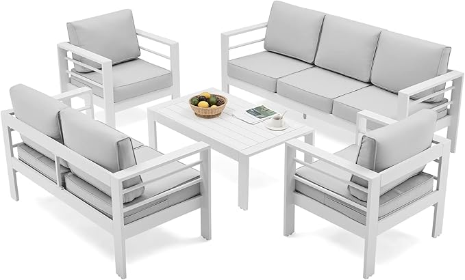 UDPATIO 8 Piece Aluminum Patio Furniture Set, Oversized Modern Outdoor Furniture Set with Olefin Fabric Cushion for Patio Deck Backyard, White(with Waterproof Covers)