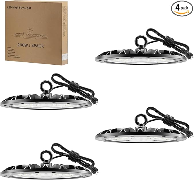 Zelvia D5 Series Led High Bay Light 6000K Daylight White LED Commercial High Bay Light Commercial High Bay Lighting with 1.2M Cable Plug Workshop Light Garage Light (4, 200W)